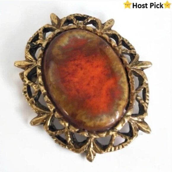 Vintage Jewelry - Vintage Mid-Century Gold-tone Oval 'Brecciated Jasper' Cabochon Brooch